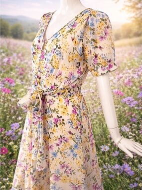 CALVIN KLEIN Romantic Floral Spring Midi Dress Puff Sleeve Ruffle Hem US 6, S/M